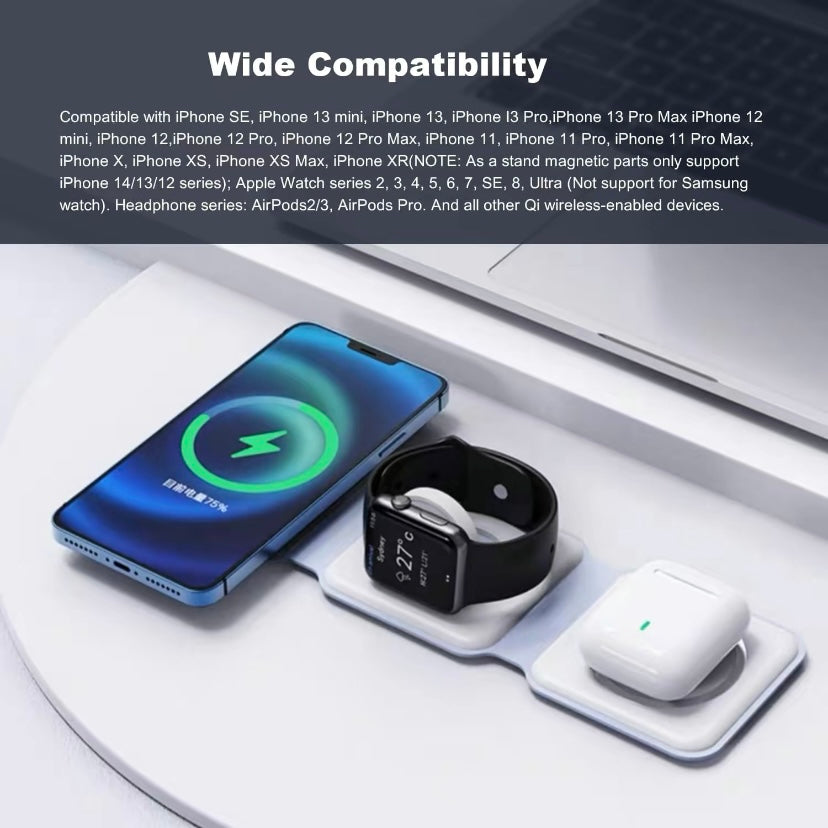 3 in 1 Wireless Charger for Apple Devices, Magnetic Foldable Charging station for iPhone 15/14/13/12, AirPods Pro 2/Pro/3, iWatch, Small Charger for Traveling