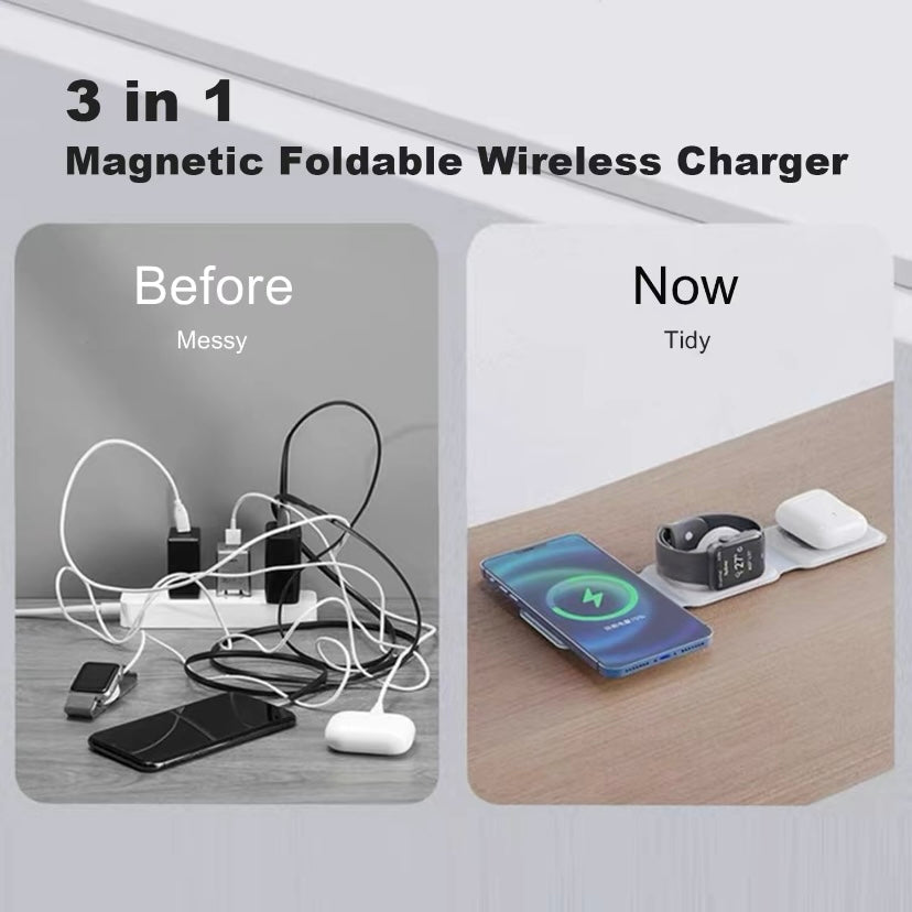 3 in 1 Wireless Charger for Apple Devices, Magnetic Foldable Charging station for iPhone 15/14/13/12, AirPods Pro 2/Pro/3, iWatch, Small Charger for Traveling