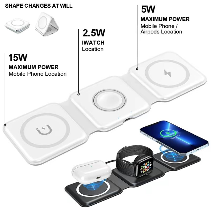 3 in 1 Wireless Charger for Apple Devices, Magnetic Foldable Charging station for iPhone 15/14/13/12, AirPods Pro 2/Pro/3, iWatch, Small Charger for Traveling