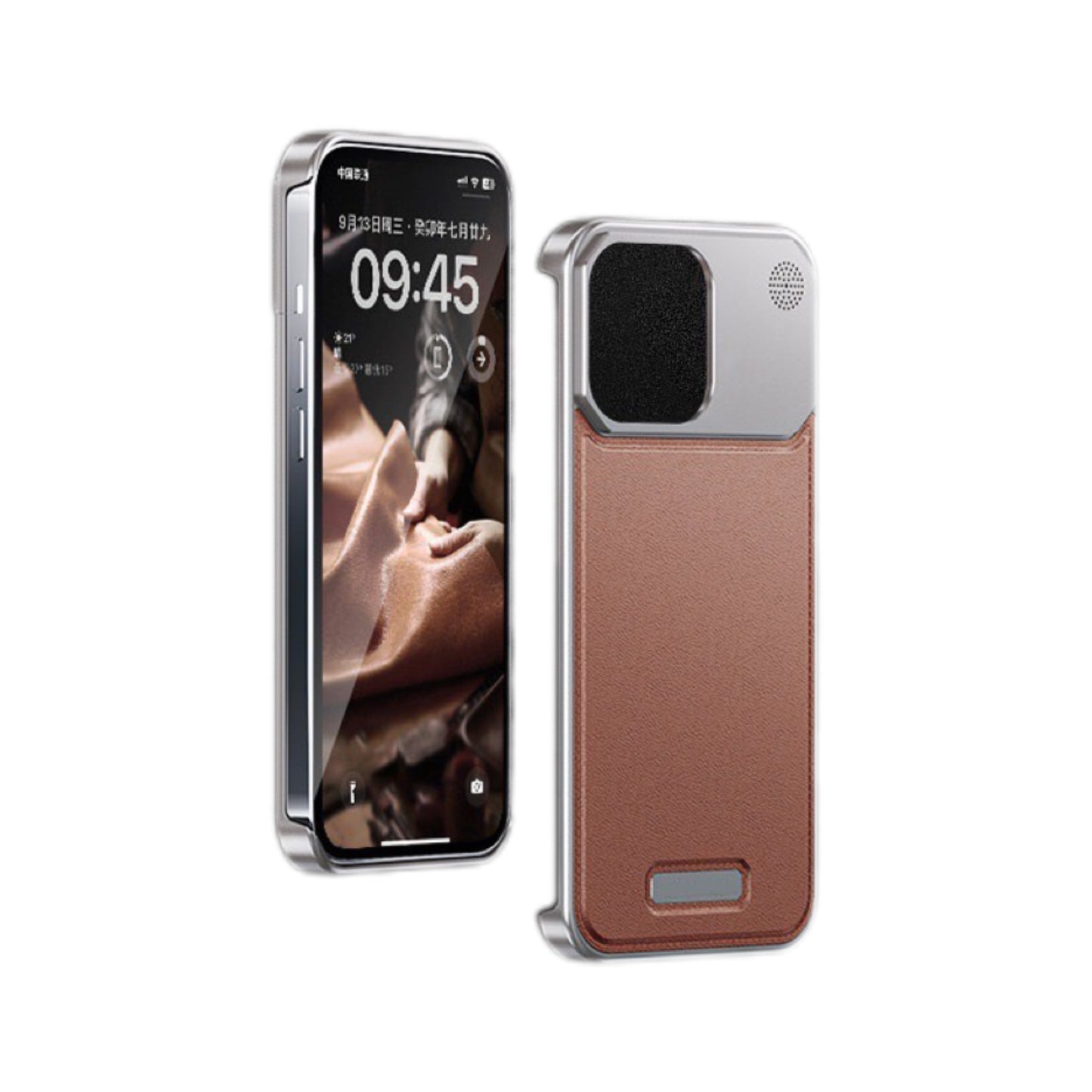 Aluminum Alloy Leather Frameless Aromatherapy iPhone Case Shockproof Cover,Grey Brown